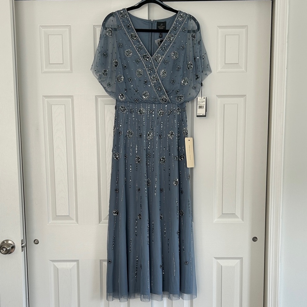 NWT Adrianna Papell Beaded Dress in Vintage Blue Size 2